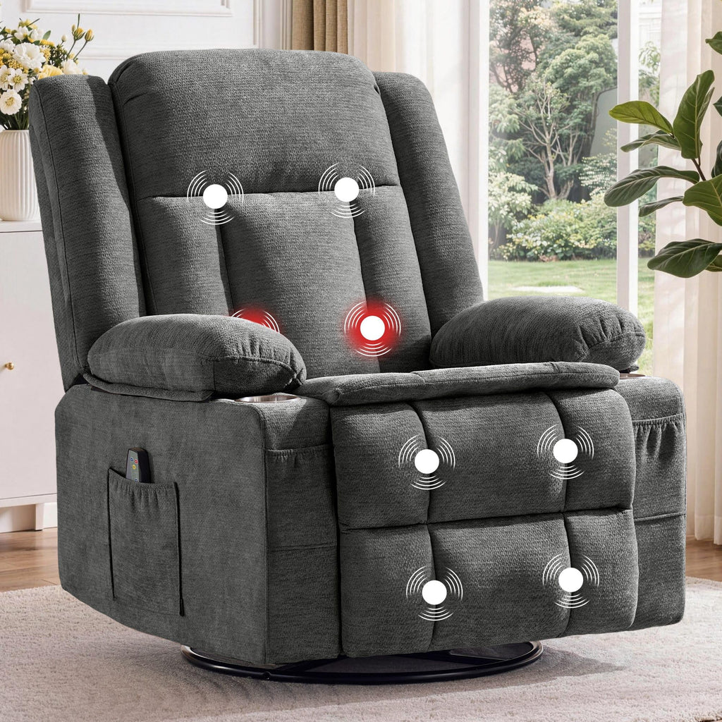 Grey Chenille Swivel Rocker Recliner with Massage and Heat I682965