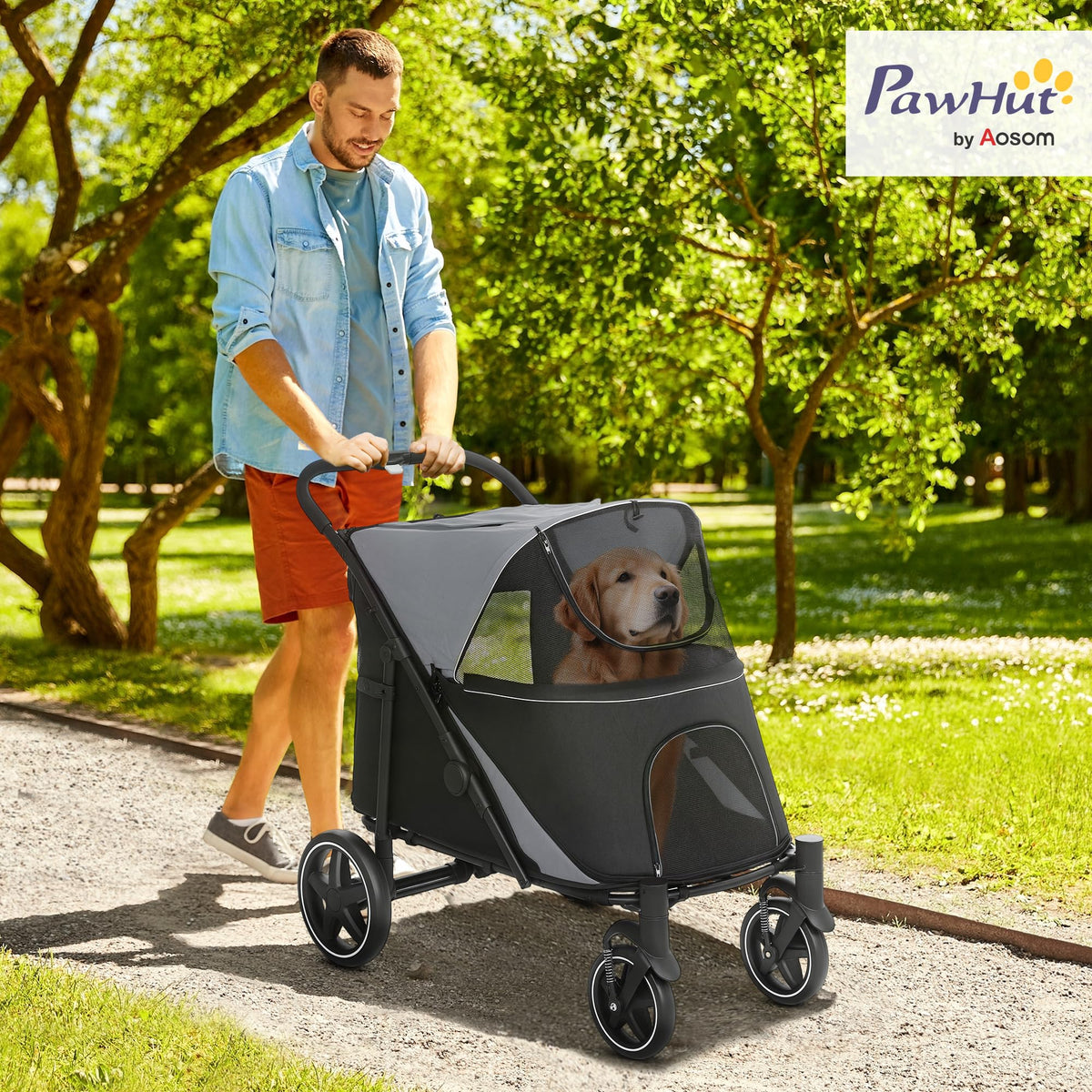Foldable Dog Stroller with Storage Gray L764324