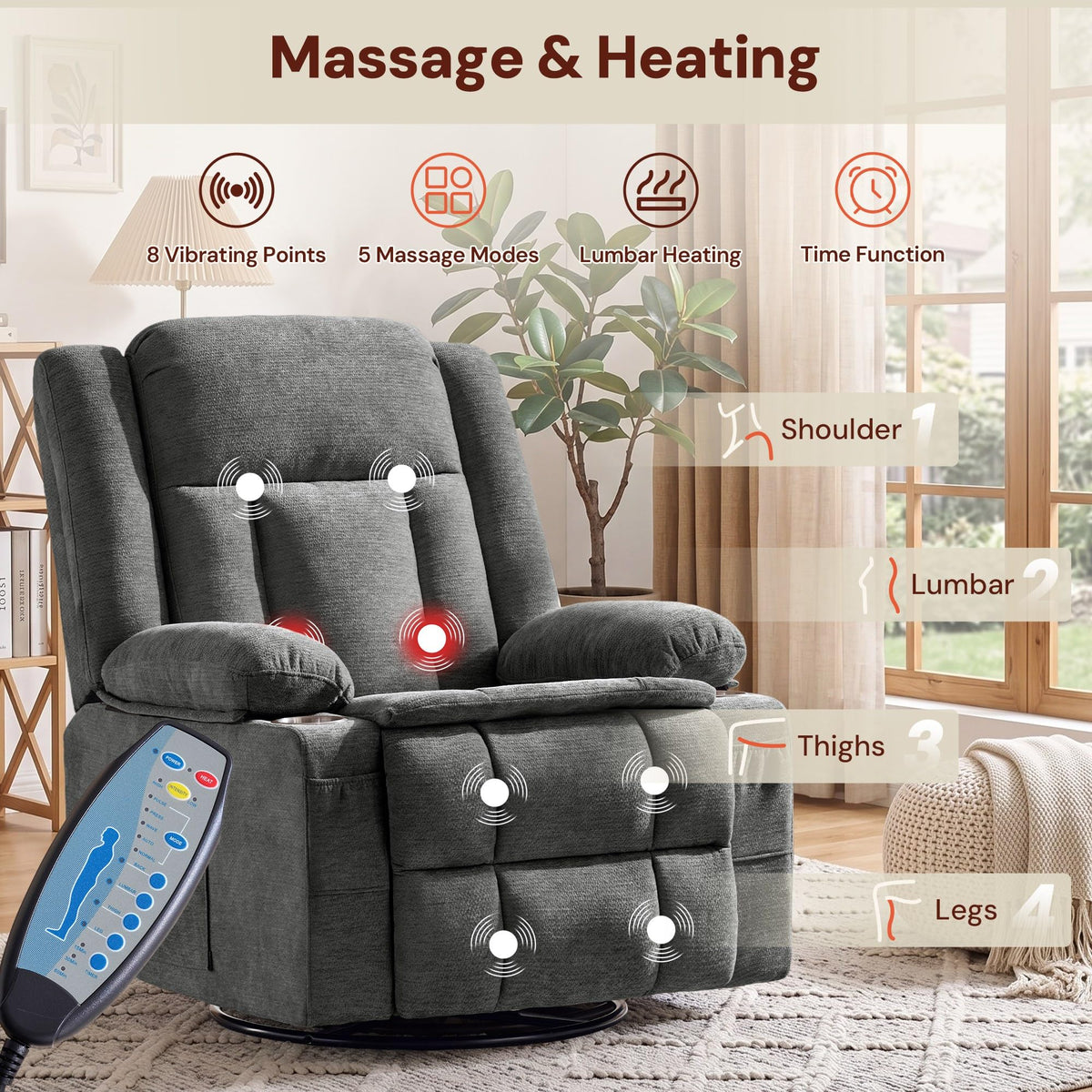 Grey Chenille Swivel Rocker Recliner with Massage and Heat I682965