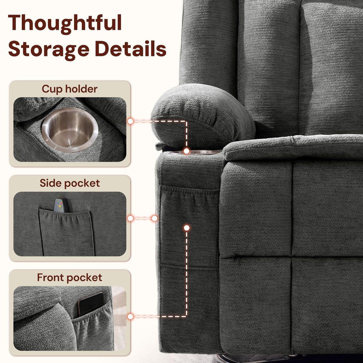 Grey Chenille Swivel Rocker Recliner with Massage and Heat I682965